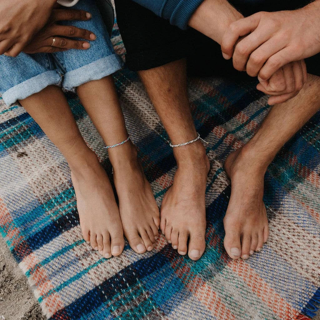 a couple of people sitting on top of a rug